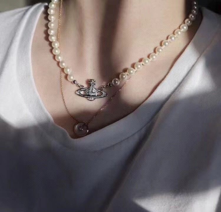 Orb Pendant Necklace in Polished Metal-Tone – Pearl Detail – Design 023 front product view