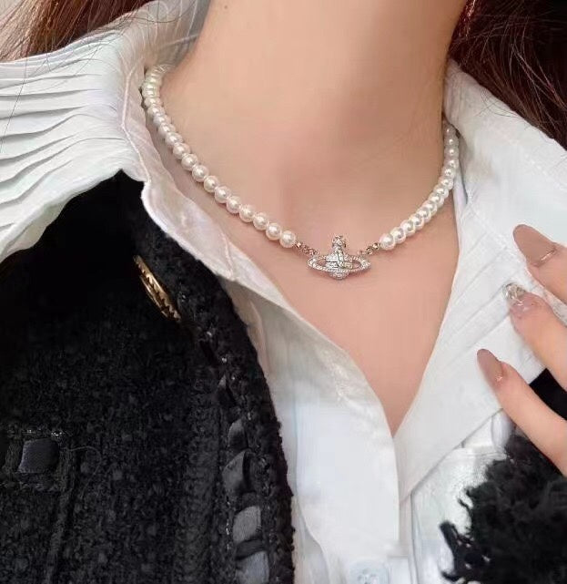 Orb Pendant Necklace in Polished Metal-Tone – Pearl Detail – Design 025 close-up detail
