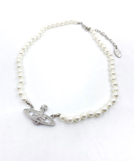 Orb Pendant Necklace in Polished Metal-Tone – Pearl Detail – Design 025 main product view