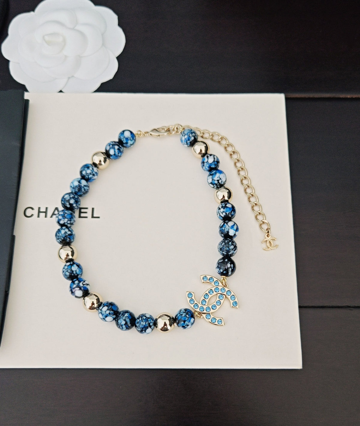 Signature Emblem Pendant Necklace in Gold-Tone – Blue Detail – Design 004 front product view
