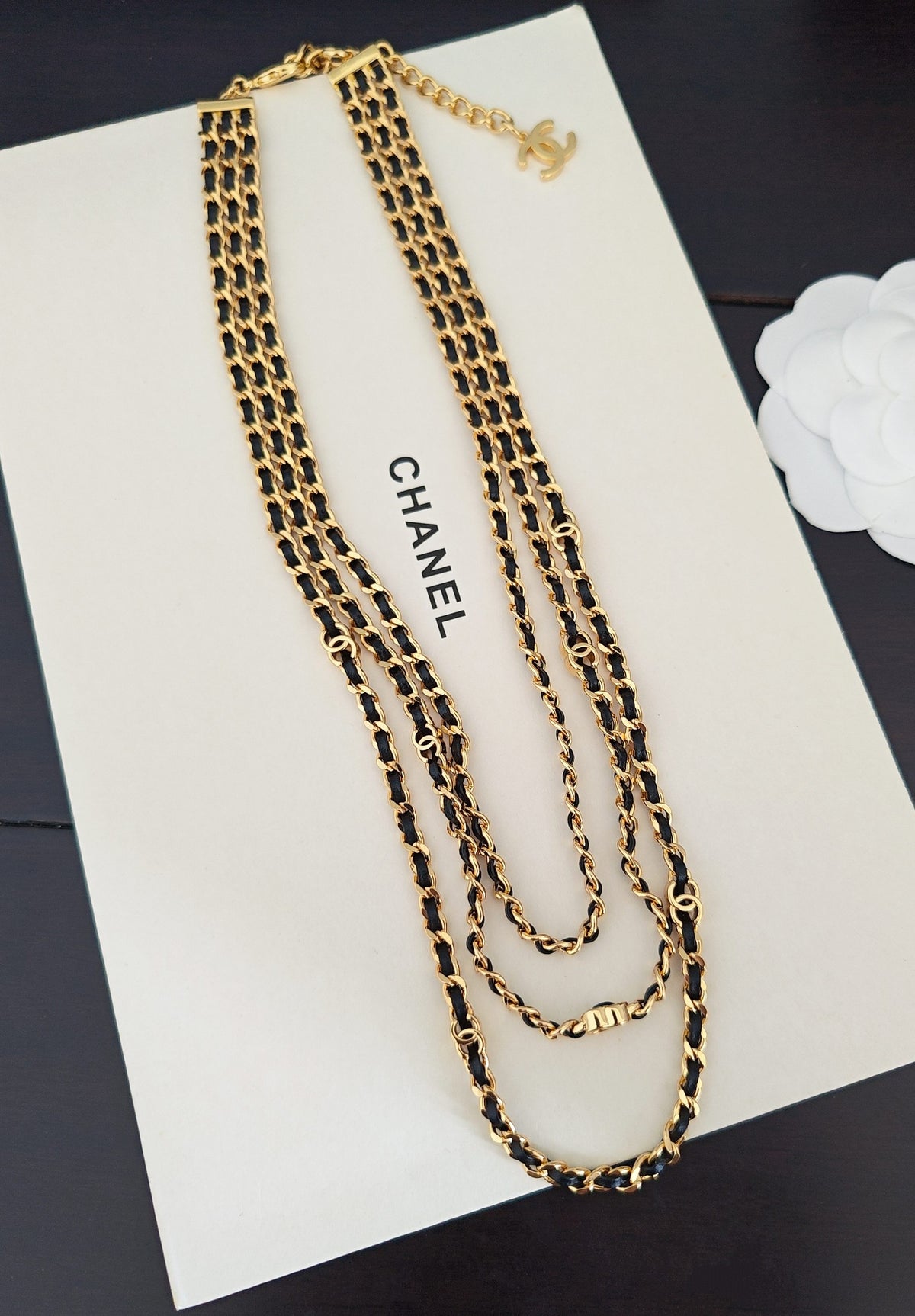 Signature Emblem Pendant Necklace in Gold-Tone – Black Detail – Design 017 front product view