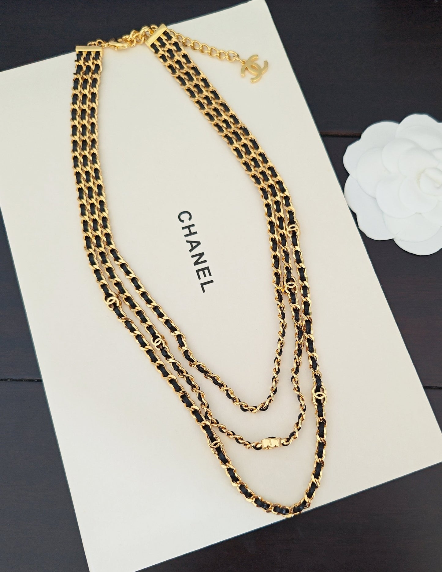 Signature Emblem Pendant Necklace in Gold-Tone – Black Detail – Design 017 side detail