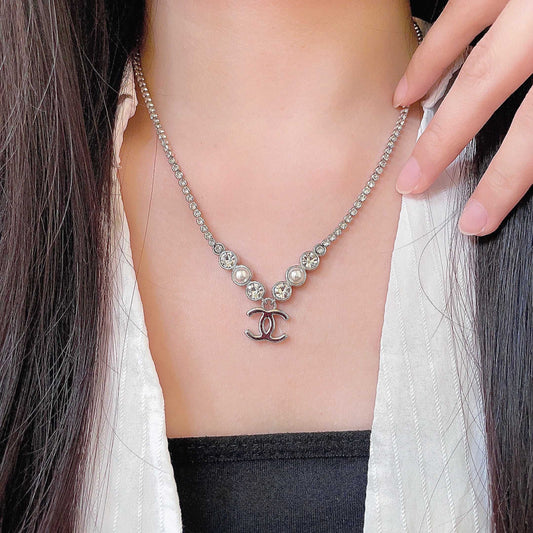 Double-C Emblem Pearl-Detail Pendant Necklace – Pearl Detail – Design 132 main product view