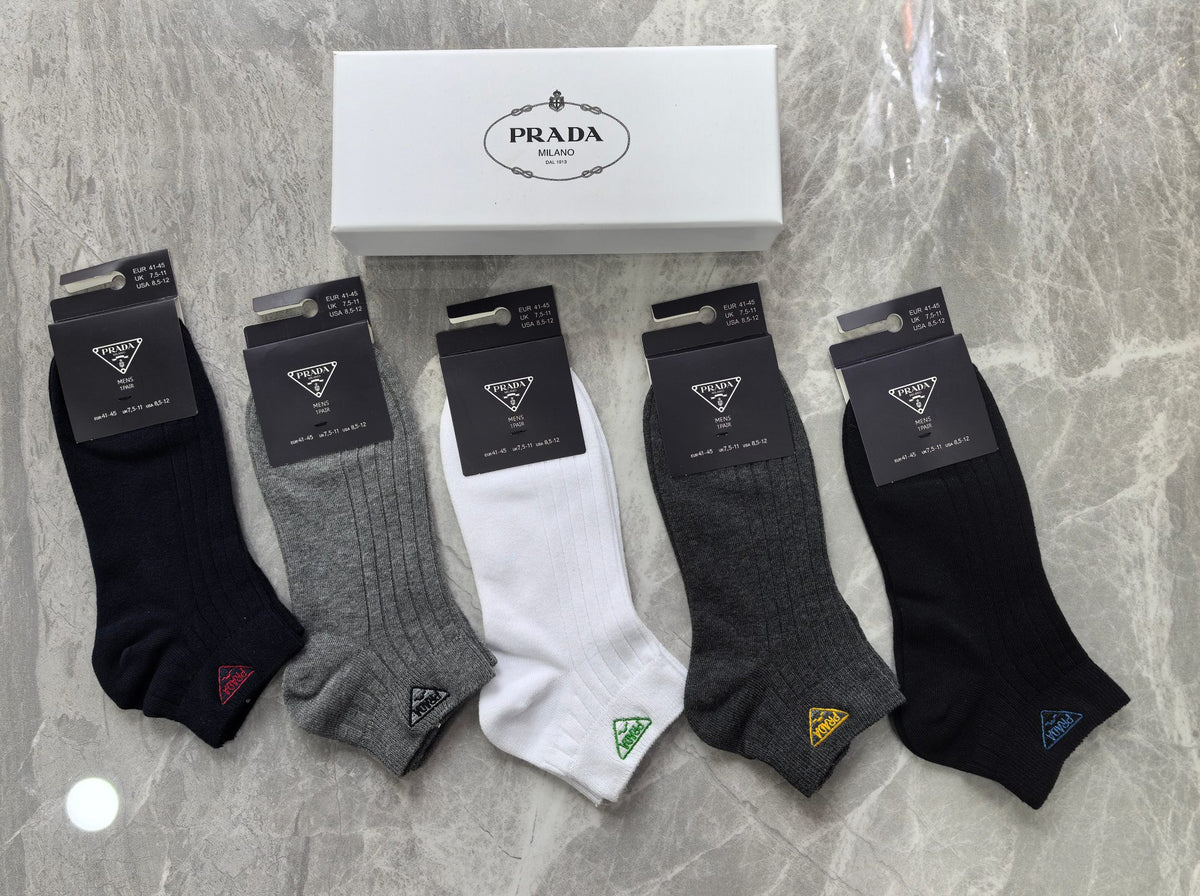 Prada Cotton Visible Colour, Cuff And Emblem Details Ankle Socks - 5-Pair Set
