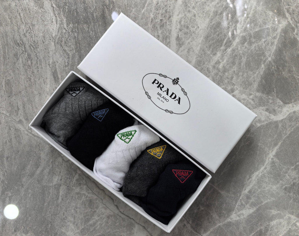 Prada Cotton Visible Colour, Cuff And Emblem Details Ankle Socks - 5-Pair Set