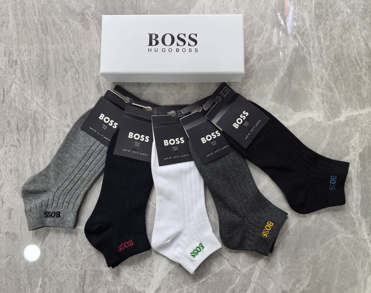 Boss Cotton Visible Colour, Cuff And Emblem Details Ankle Socks - 5-Pair Set
