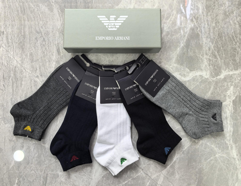 Emporio Armani Cotton Visible Colour, Cuff And Emblem Details Ankle Socks - 5-Pair Set