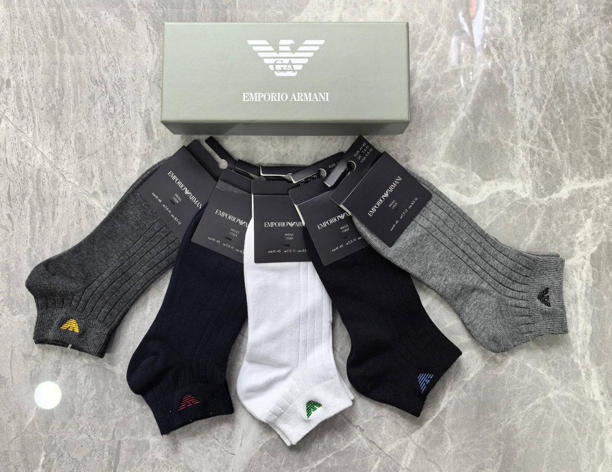 Emporio Armani Cotton Visible Colour, Cuff And Emblem Details Ankle Socks - 5-Pair Set