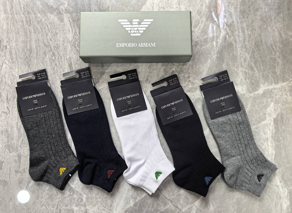Emporio Armani Cotton Visible Colour, Cuff And Emblem Details Ankle Socks - 5-Pair Set