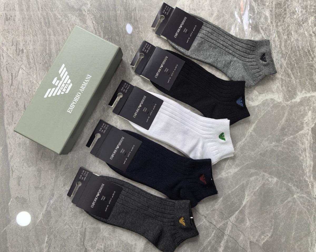 Emporio Armani Cotton Visible Colour, Cuff And Emblem Details Ankle Socks - 5-Pair Set