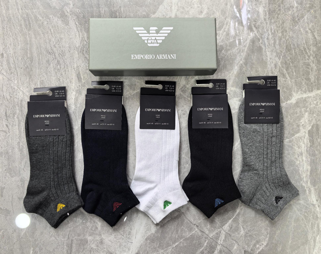 Emporio Armani Cotton Visible Colour, Cuff And Emblem Details Ankle Socks - 5-Pair Set