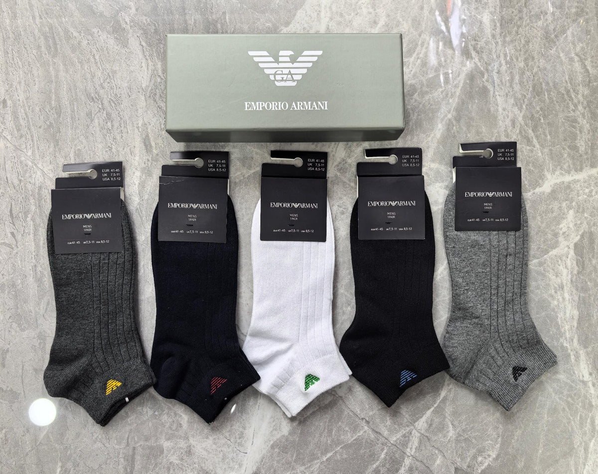 Emporio Armani Cotton Visible Colour, Cuff And Emblem Details Ankle Socks - 5-Pair Set