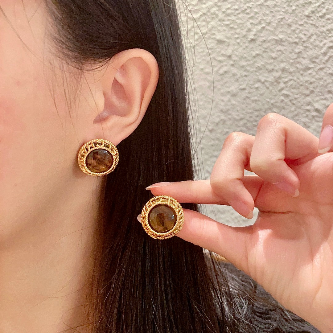 Double-C Emblem Stud Earrings in Polished Metal-Tone – Design 435 main product view
