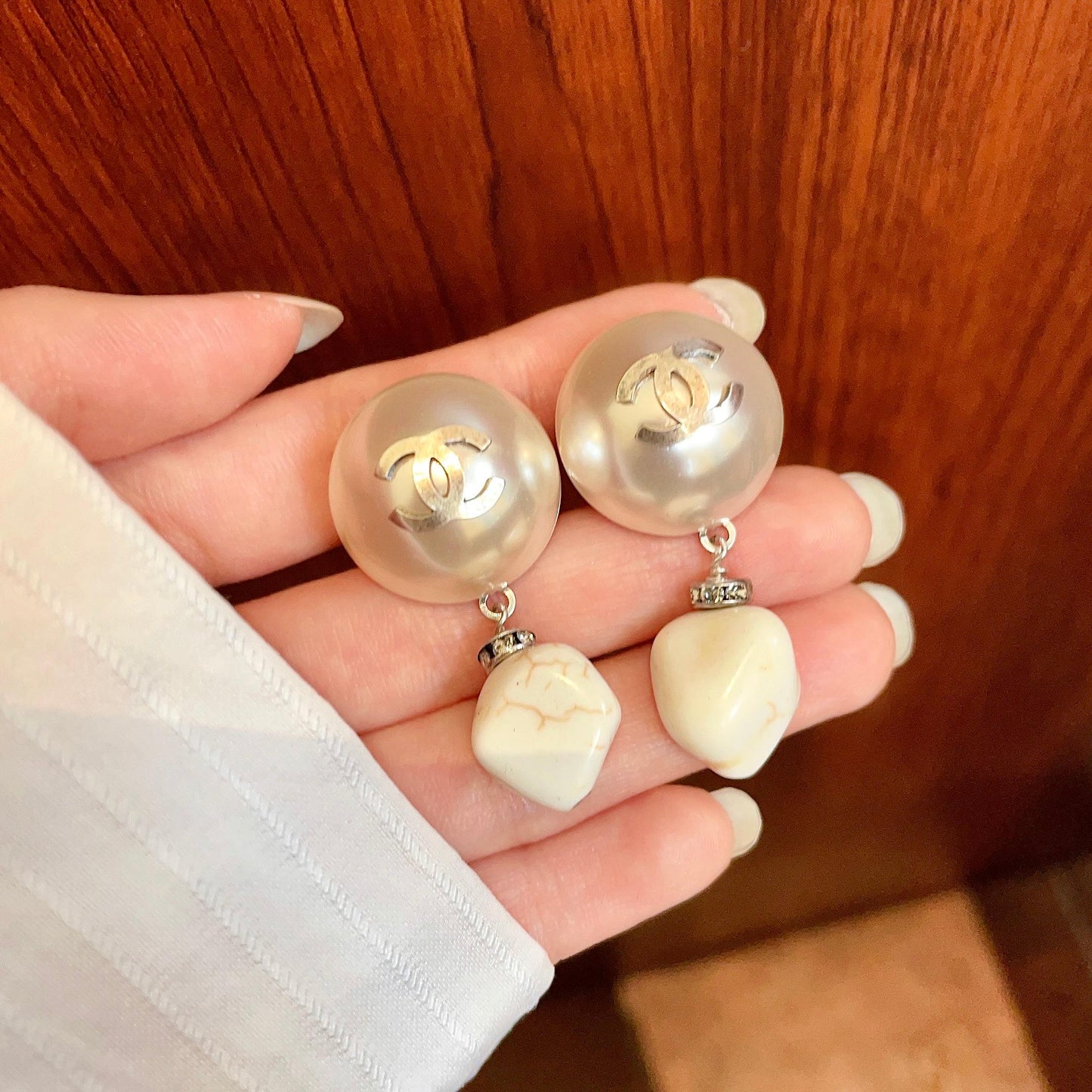Double-C Emblem Pearl-Detail Statement Earrings – Pearl Detail side detail