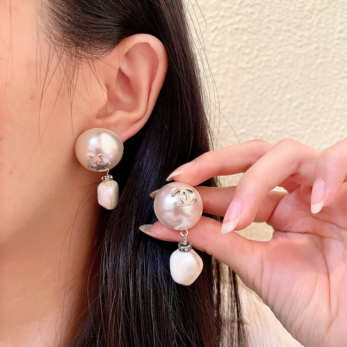 Double-C Emblem Pearl-Detail Statement Earrings – Pearl Detail main product view