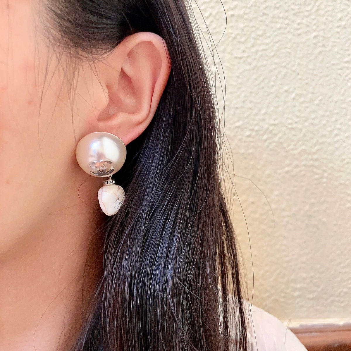 Double-C Emblem Pearl-Detail Statement Earrings – Pearl Detail detail view