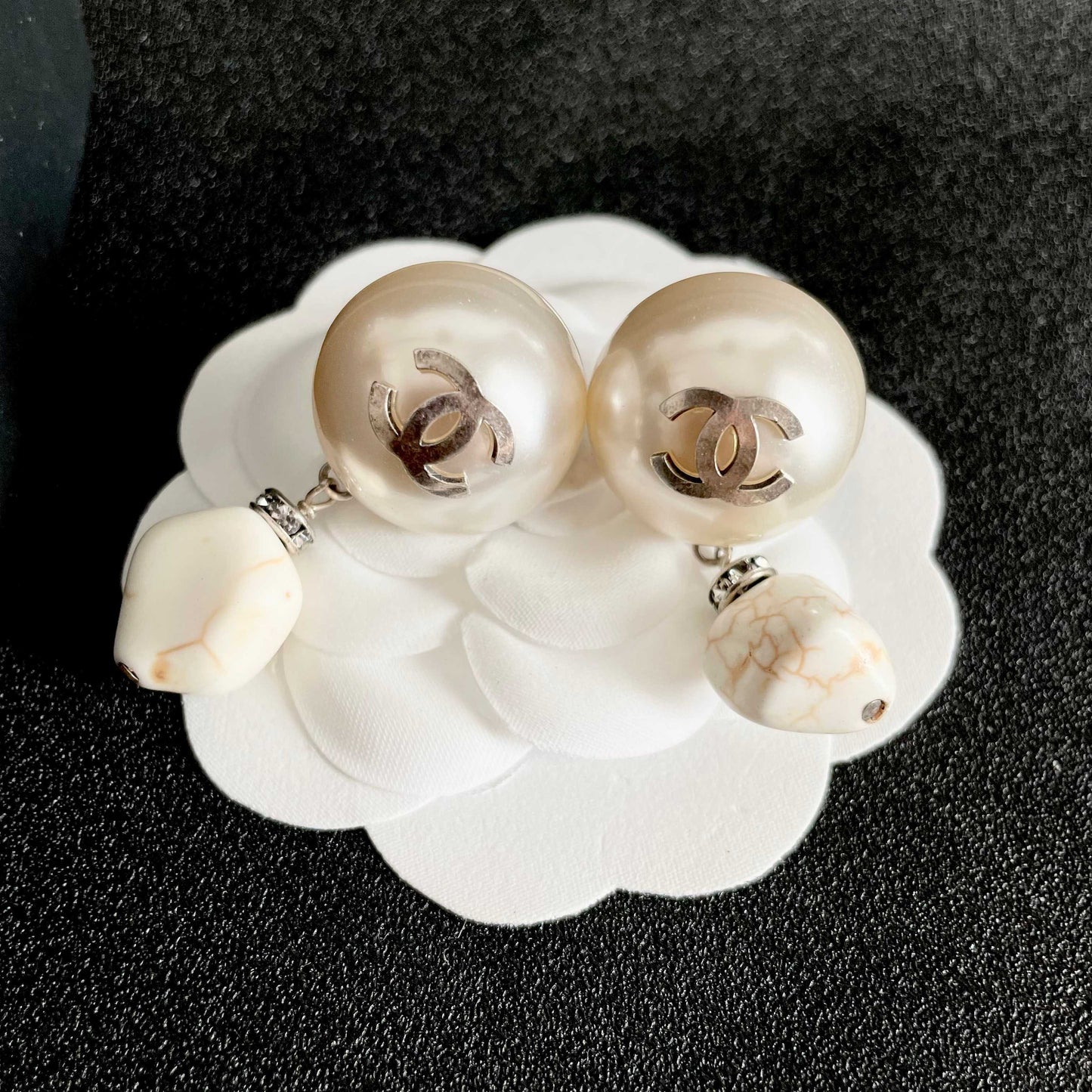 Double-C Emblem Pearl-Detail Statement Earrings – Pearl Detail front product view