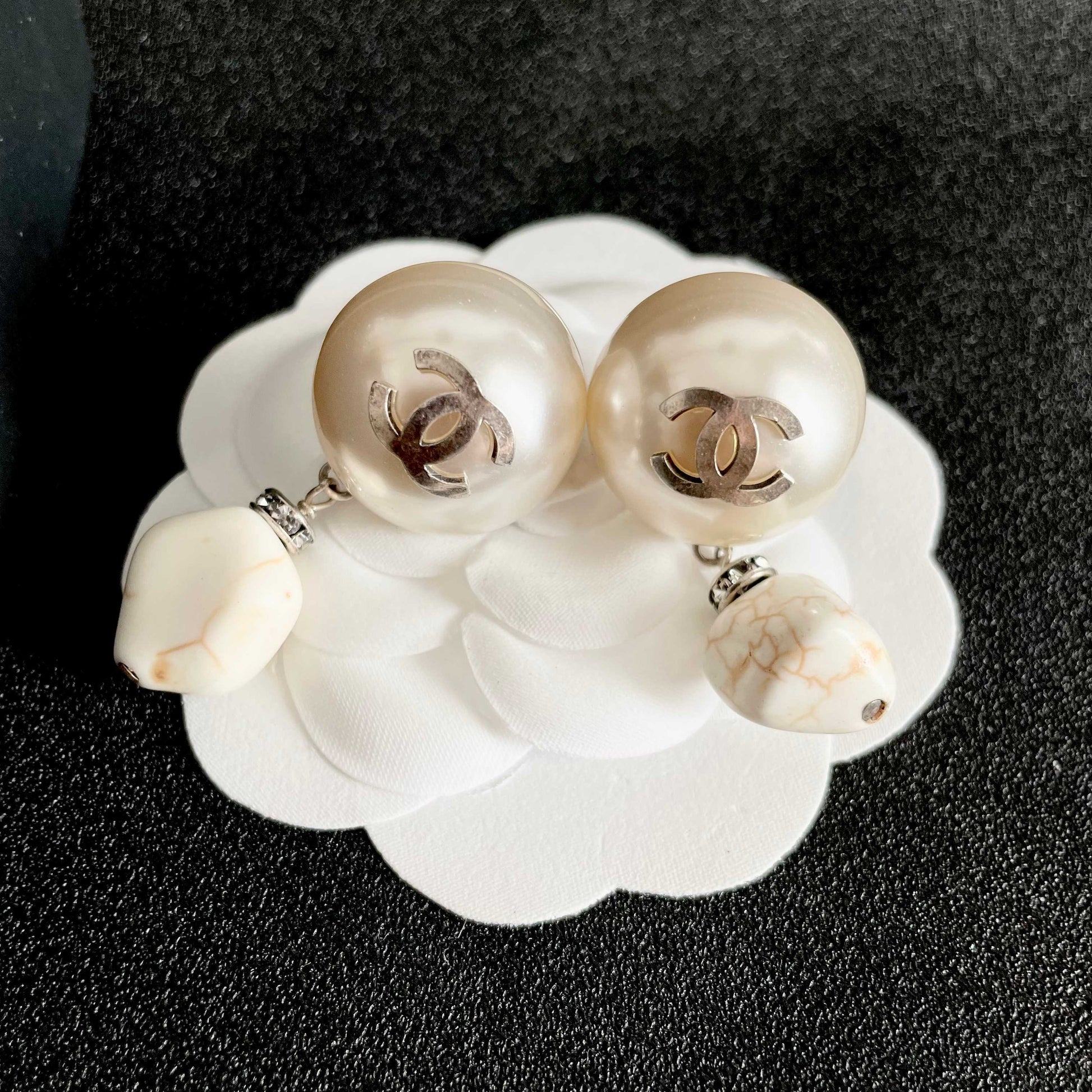 Double-C Emblem Pearl-Detail Statement Earrings – Pearl Detail front product view