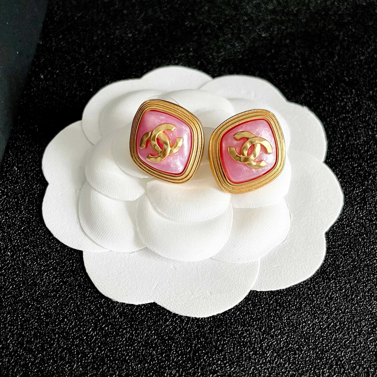 Double-C Emblem Stud Earrings in Polished Metal-Tone – Design 430 front product view