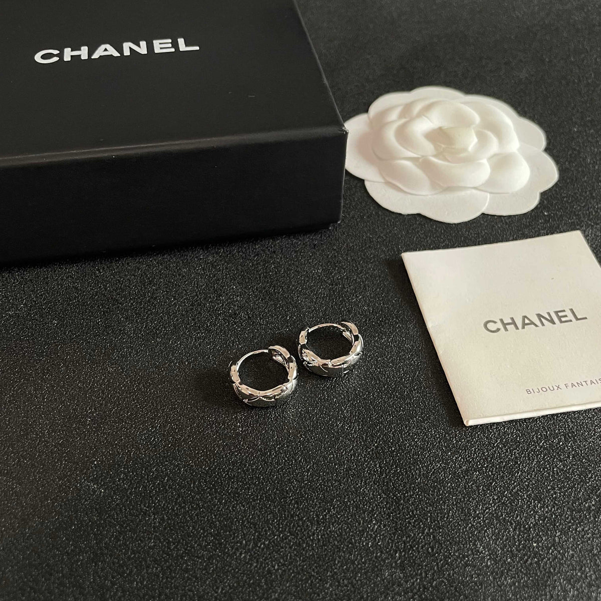 Double-C Emblem Stud Earrings in Polished Metal-Tone – Design 096 styled product view