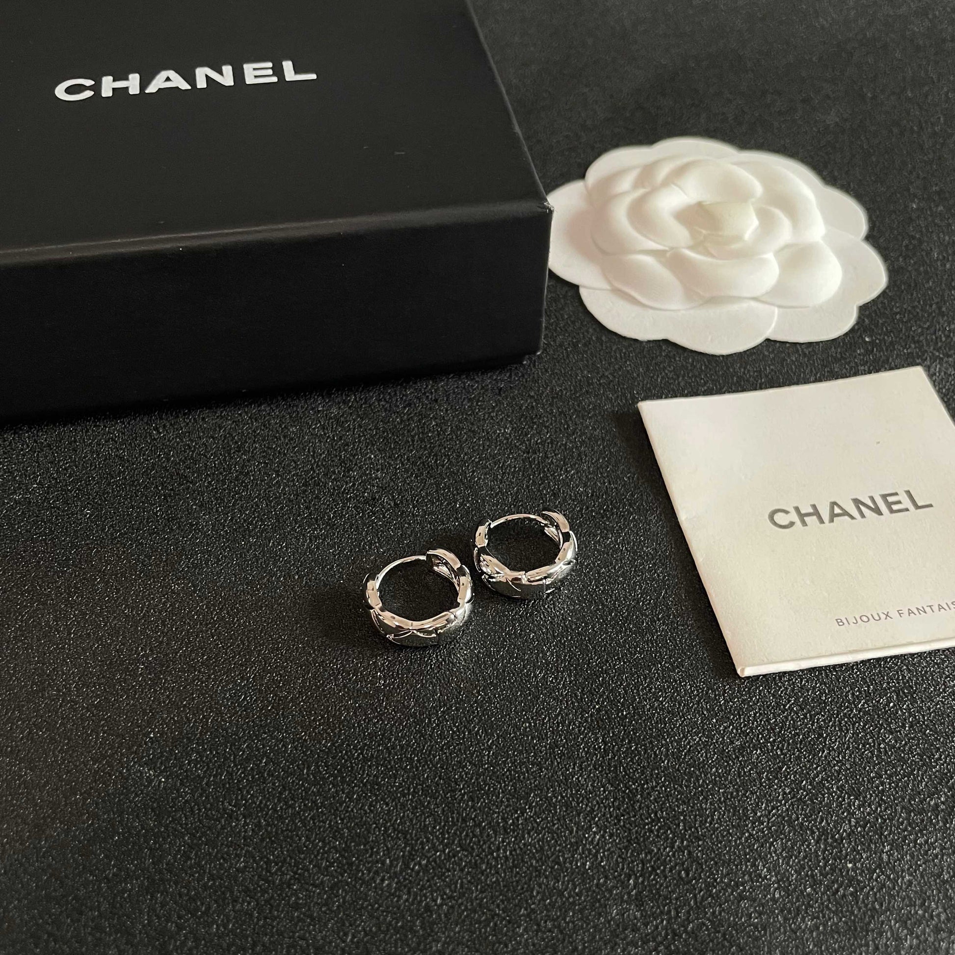 Double-C Emblem Stud Earrings in Polished Metal-Tone – Design 096 styled product view