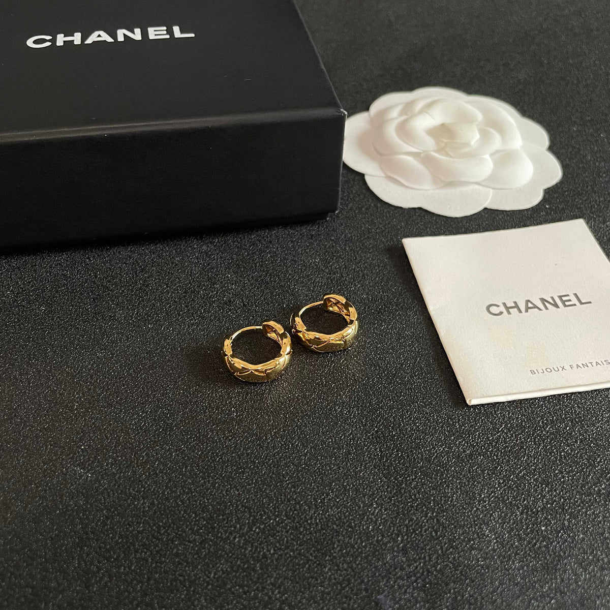 Double-C Emblem Stud Earrings in Polished Metal-Tone – Design 095 styled product view