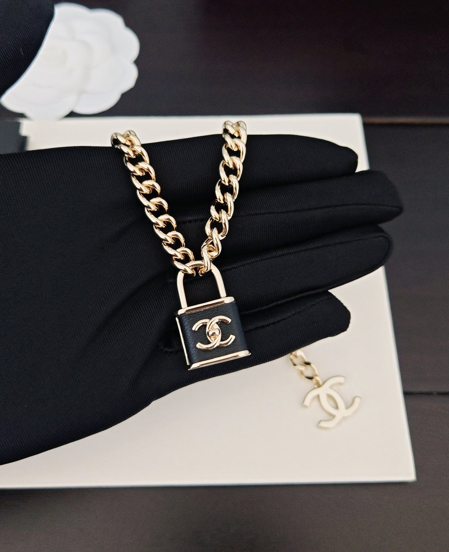 Signature Emblem Pendant Necklace in Gold-Tone – Black Detail – Design 006 main product view