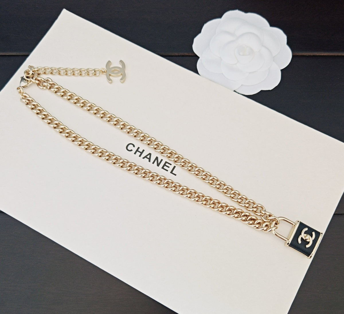Signature Emblem Pendant Necklace in Gold-Tone – Black Detail – Design 006 detail view