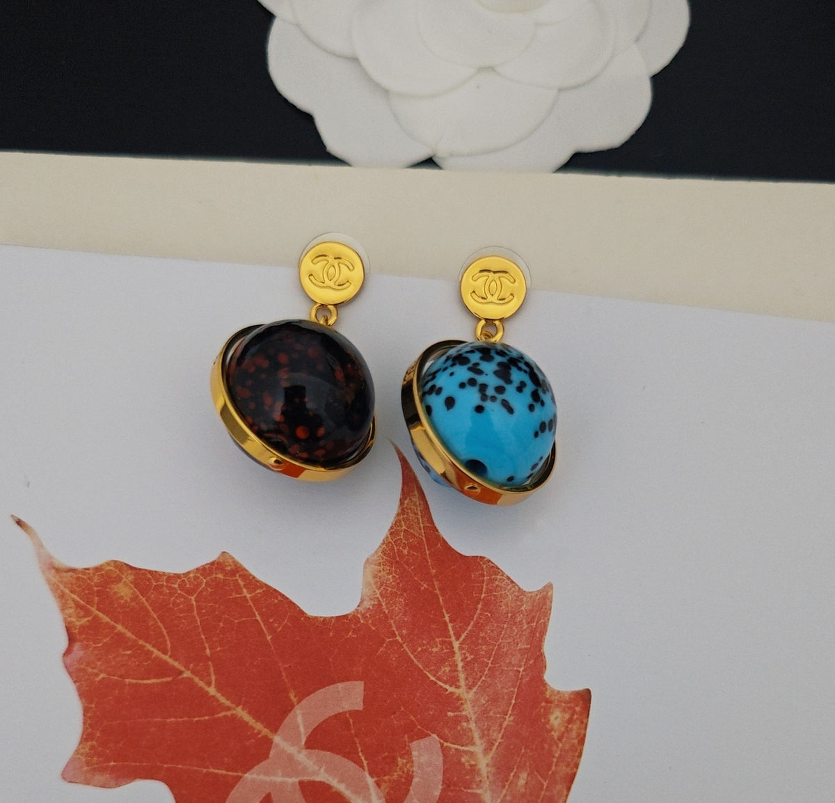 Signature Emblem Statement Earrings in Gold-Tone – Blue Detail close-up detail