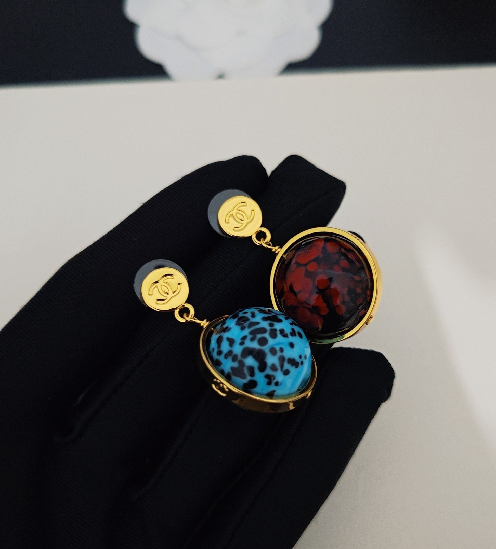 Signature Emblem Statement Earrings in Gold-Tone – Blue Detail detail view