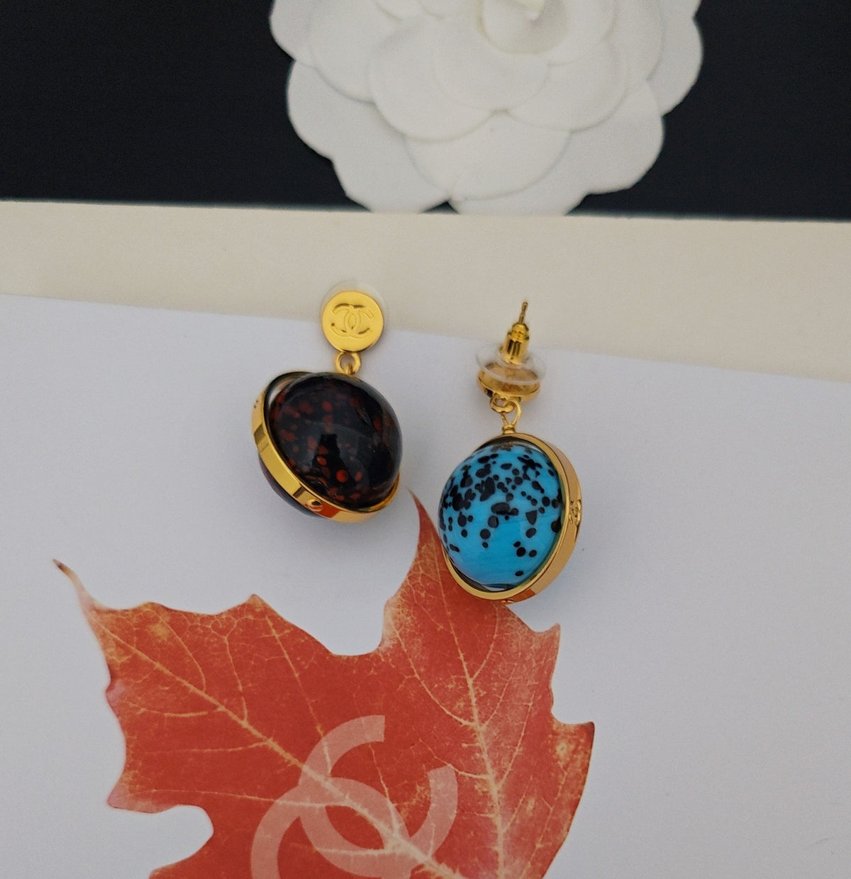 Signature Emblem Statement Earrings in Gold-Tone – Blue Detail styled product view