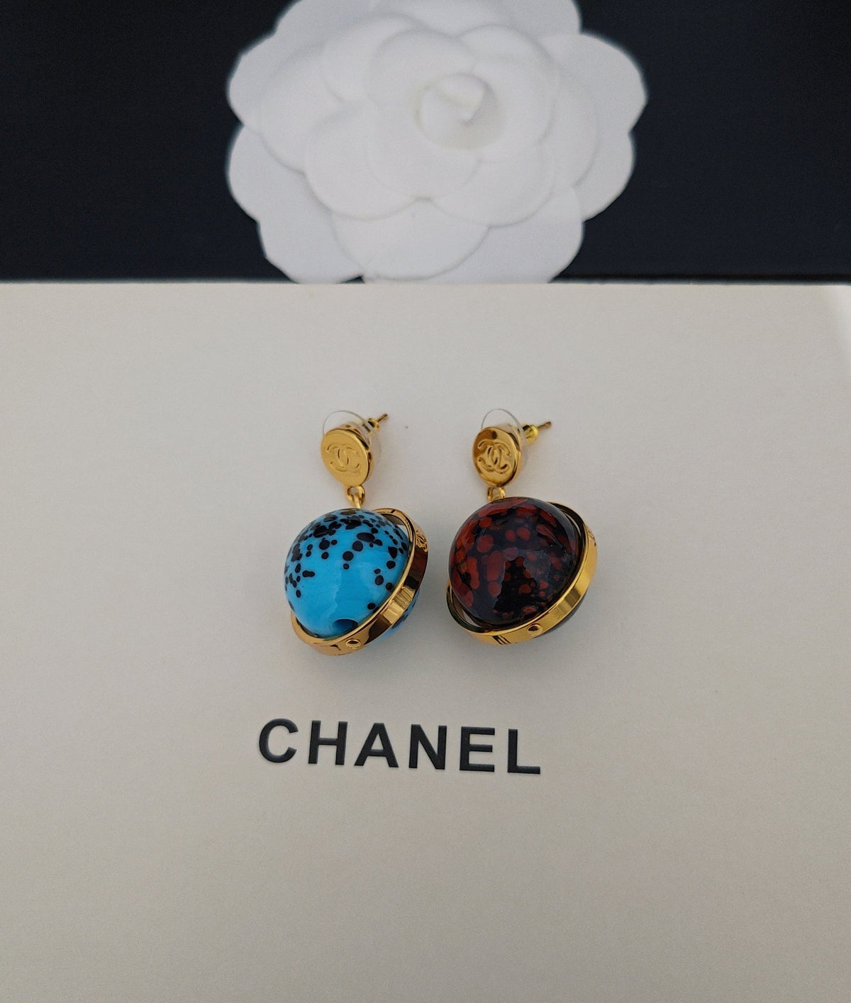Signature Emblem Statement Earrings in Gold-Tone – Blue Detail side detail
