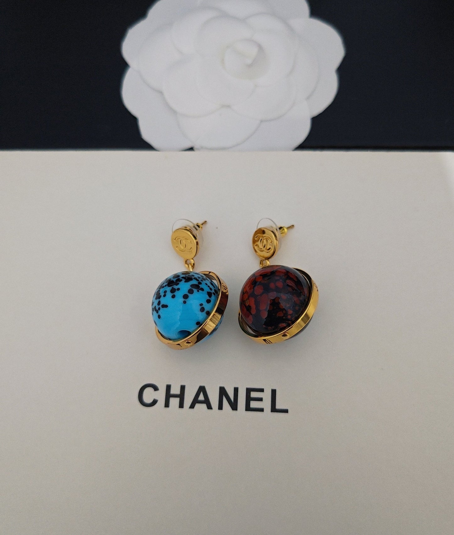 Signature Emblem Statement Earrings in Gold-Tone – Blue Detail – Design 002 side detail