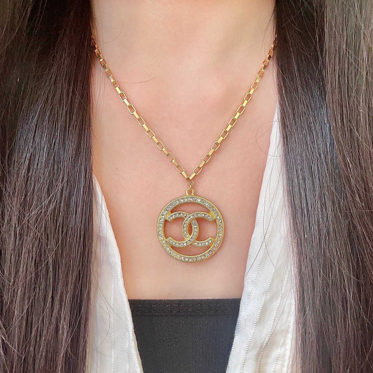 Double-C Emblem Crystal-Accent Pendant Necklace – Design 011 detail view
