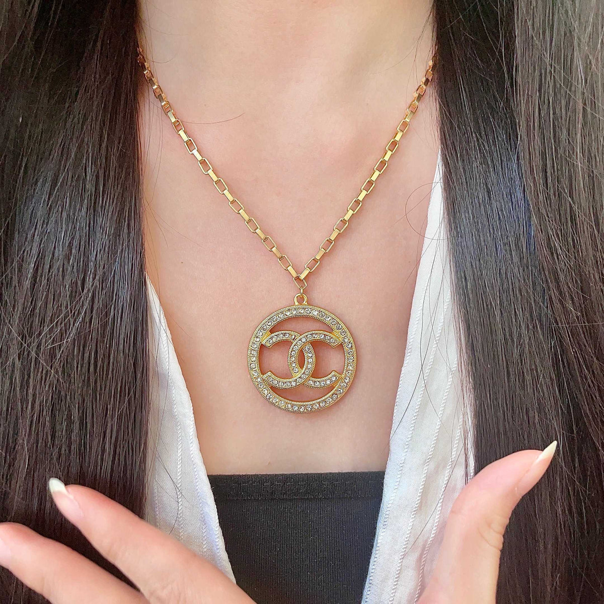 Double-C Emblem Crystal-Accent Pendant Necklace – Design 011 front product view