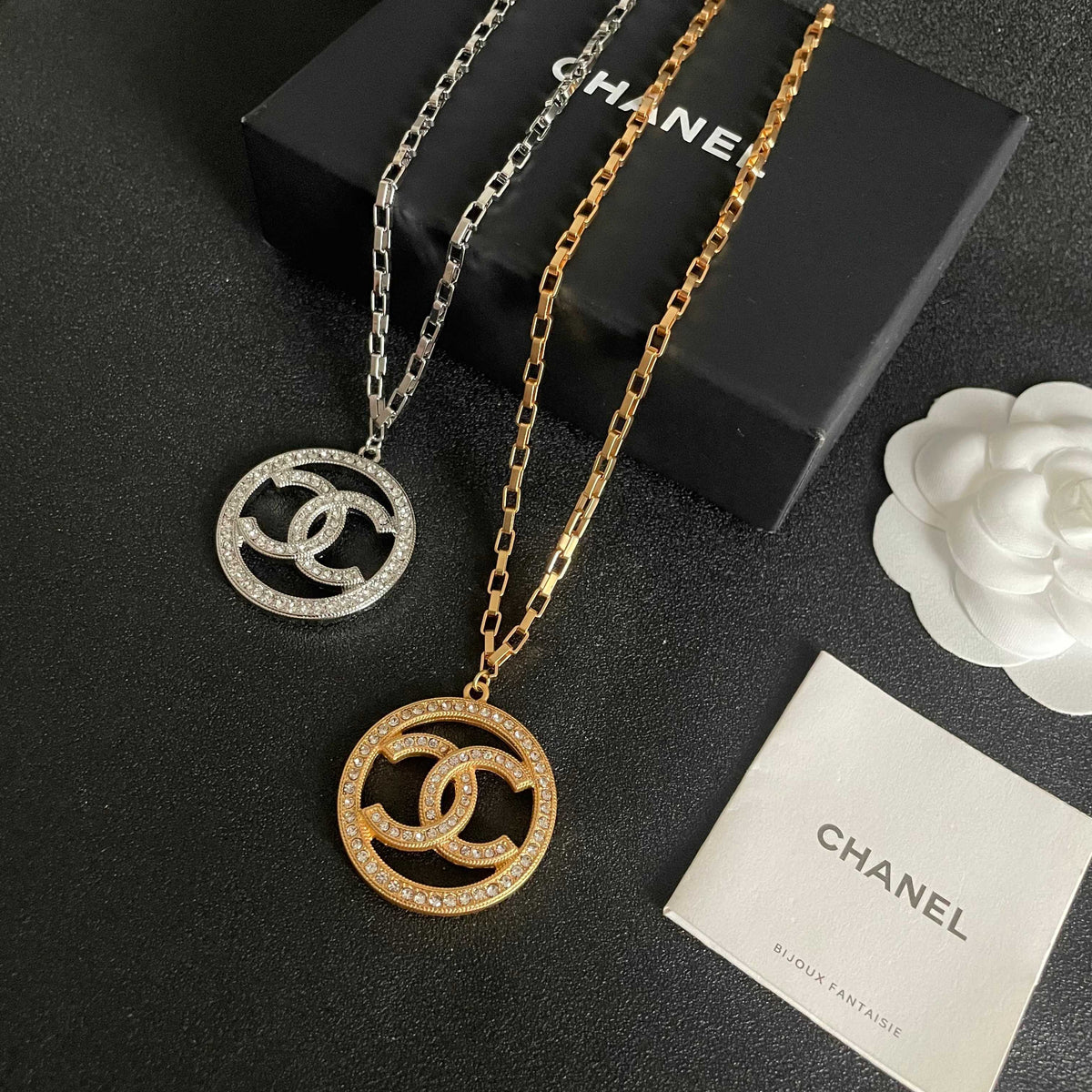Double-C Emblem Crystal-Accent Pendant Necklace – Design 010 side detail