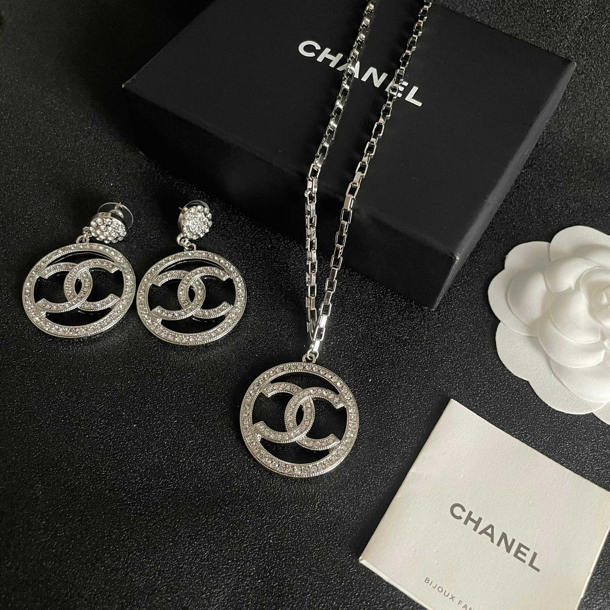 Double-C Emblem Crystal-Accent Pendant Necklace – Design 010 close-up detail