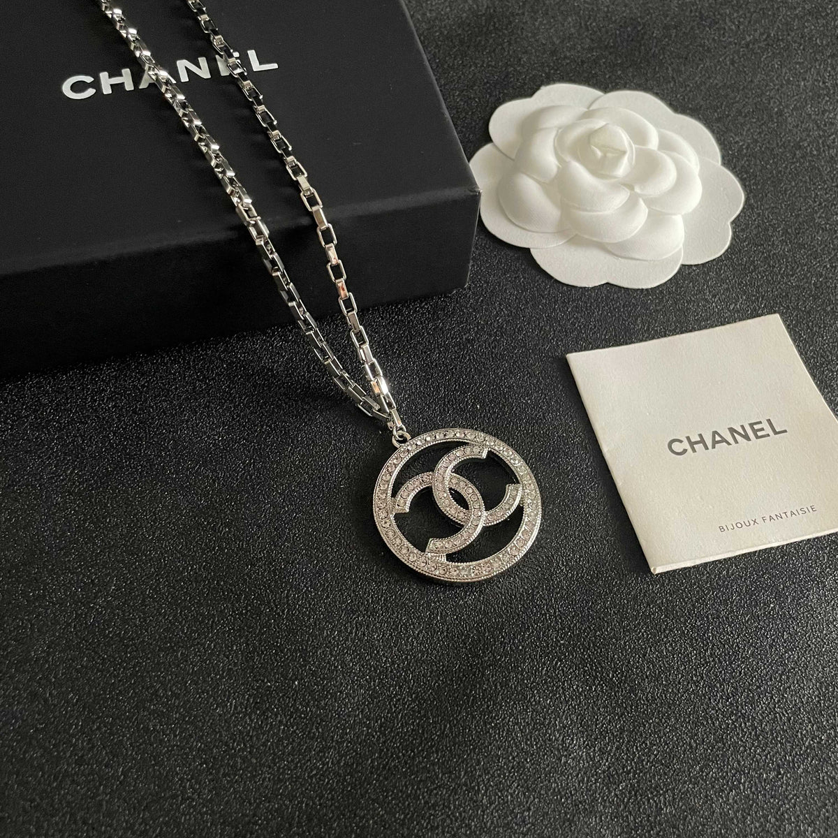 Double-C Emblem Crystal-Accent Pendant Necklace – Design 013 styled product view