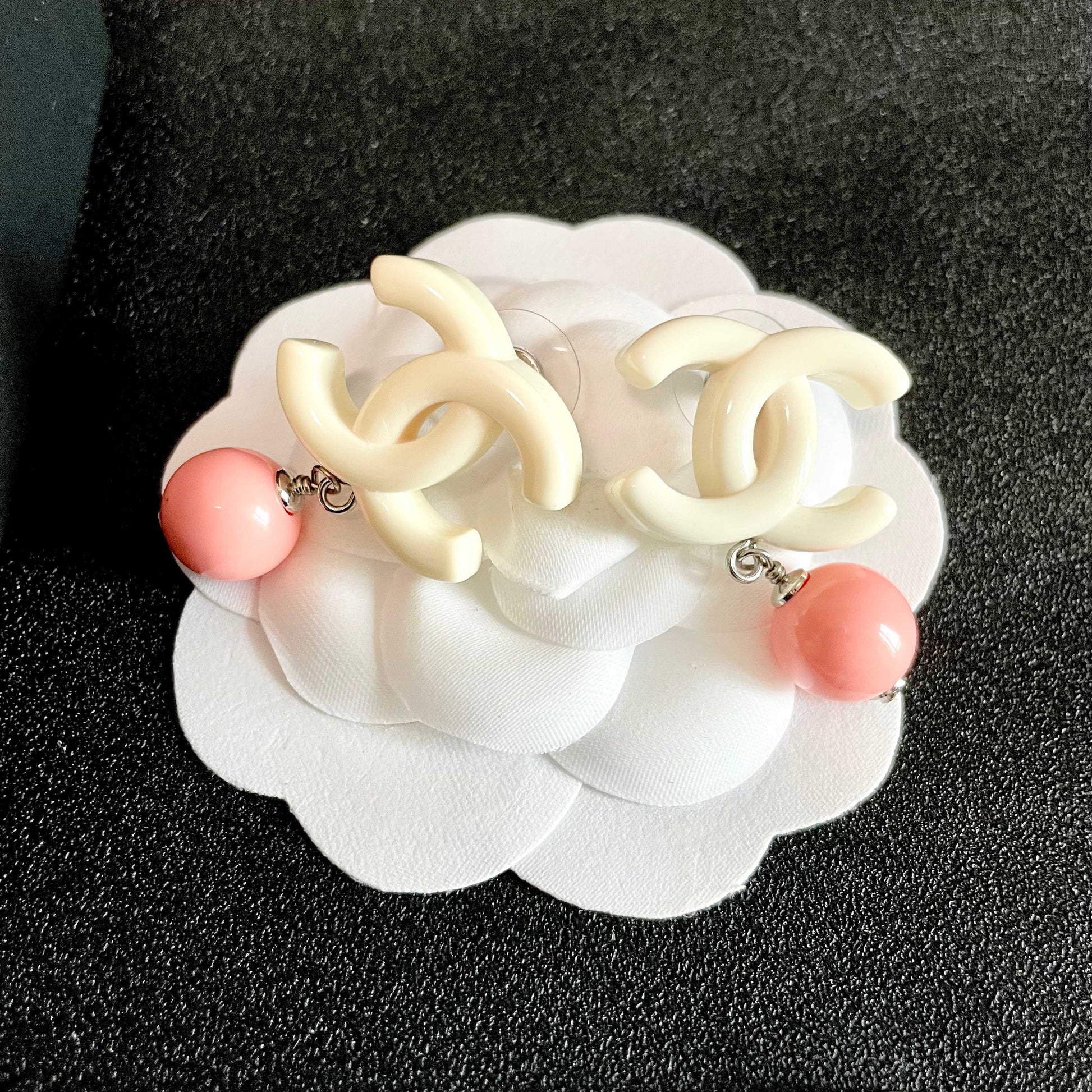 Double-C Emblem Pearl-Detail Statement Earrings – Pearl Detail – Design 004 front product view