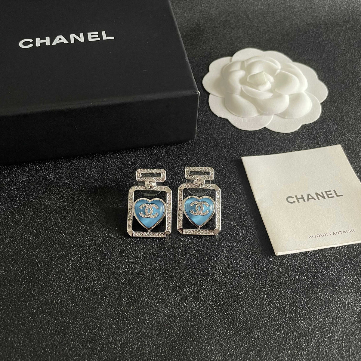 Double-C Emblem Stud Earrings in Polished Metal-Tone – Heart Detail – Design 002 styled product view