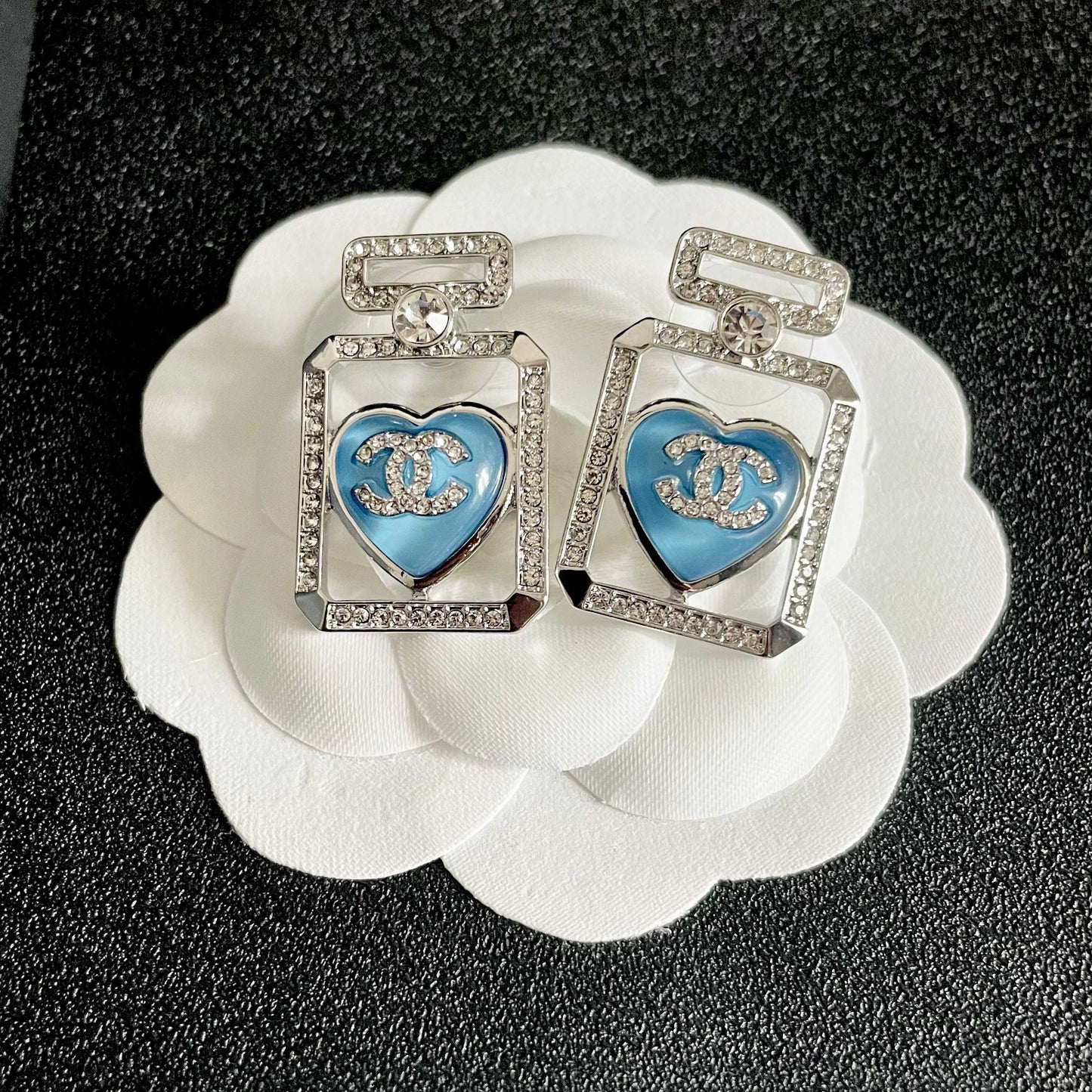 Double-C Emblem Stud Earrings in Polished Metal-Tone – Heart Detail – Design 002 front product view