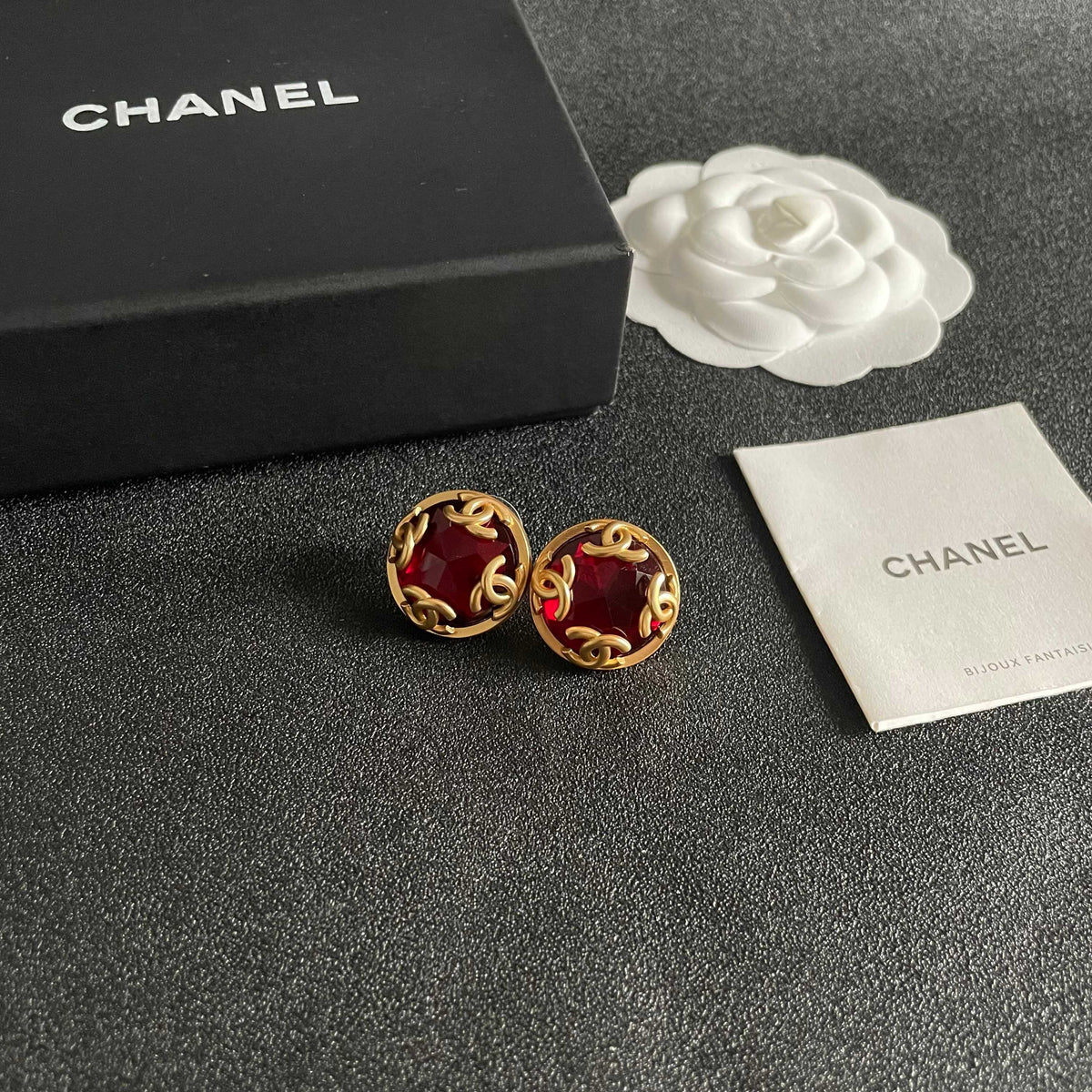 Double-C Emblem Stud Earrings in Polished Metal-Tone – Design 105 styled product view