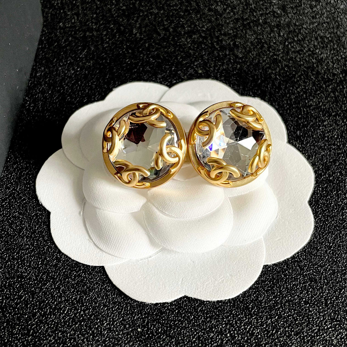Double-C Emblem Stud Earrings in Polished Metal-Tone – Design 104 front product view
