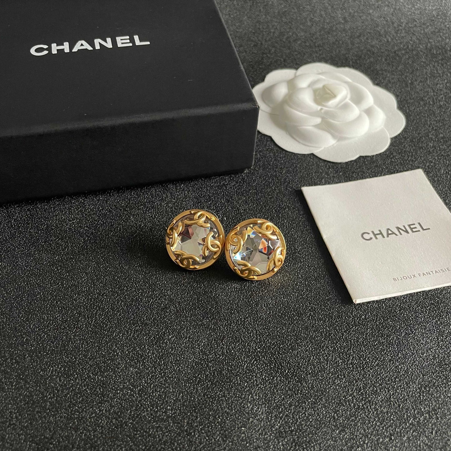 Double-C Emblem Stud Earrings in Polished Metal-Tone – Design 104 styled product view