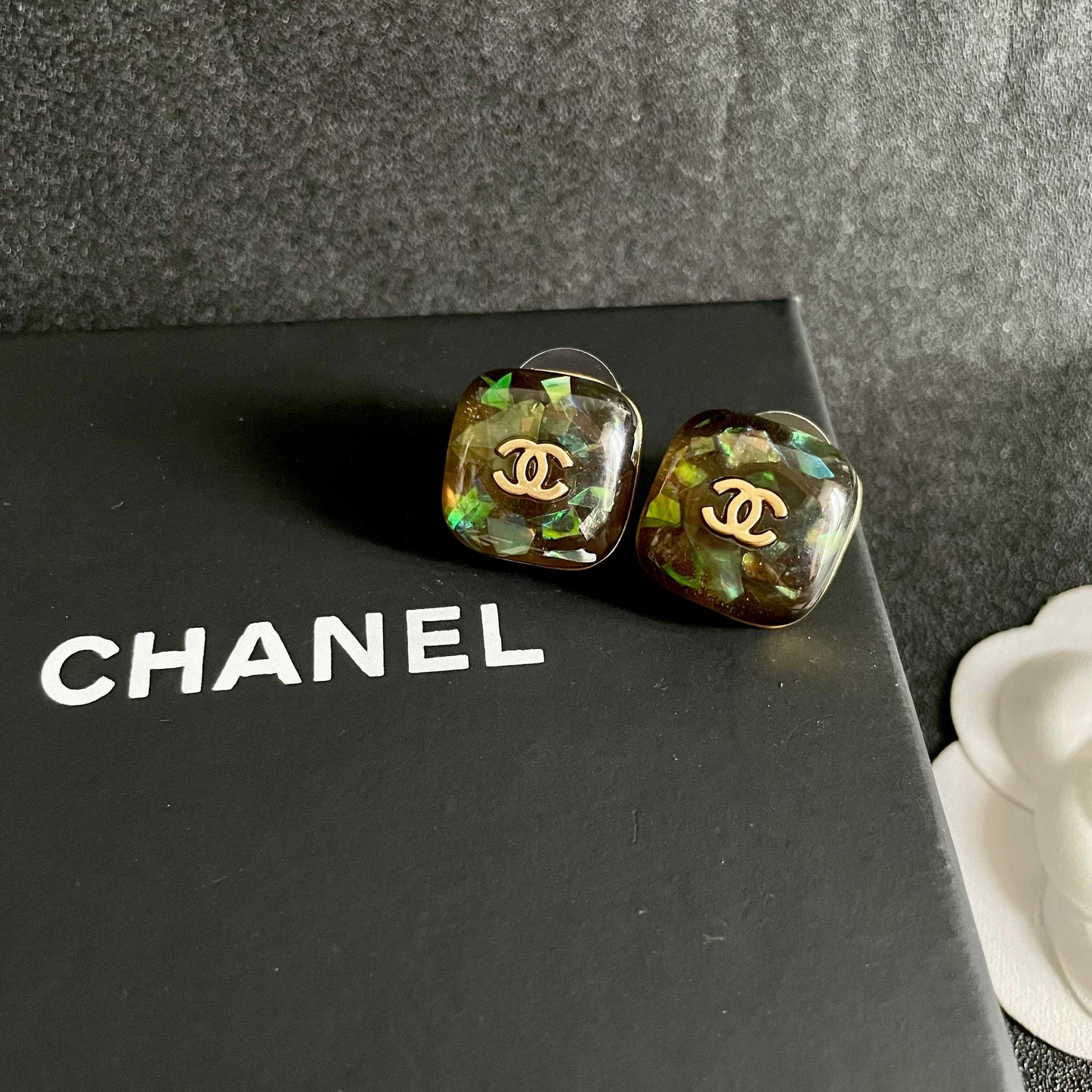 Double-C Emblem Stud Earrings in Polished Metal-Tone – Design 103 detail view