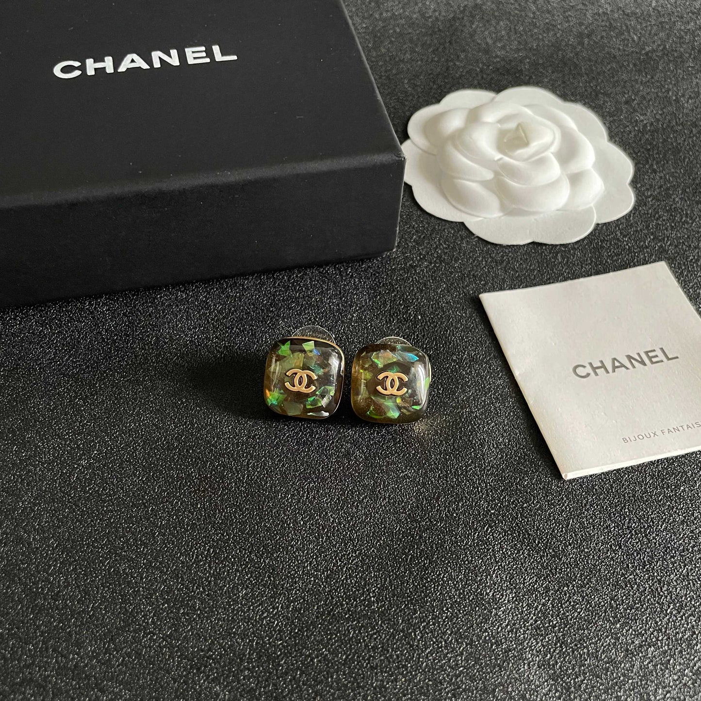 Double-C Emblem Stud Earrings in Polished Metal-Tone – Design 103 styled product view