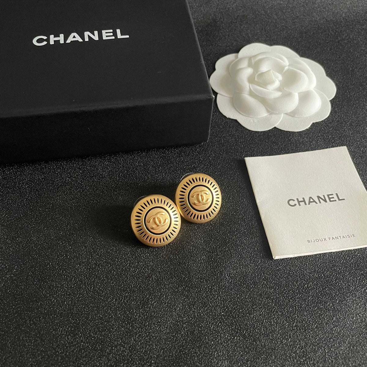 Double-C Emblem Stud Earrings in Polished Metal-Tone – Design 100 styled product view