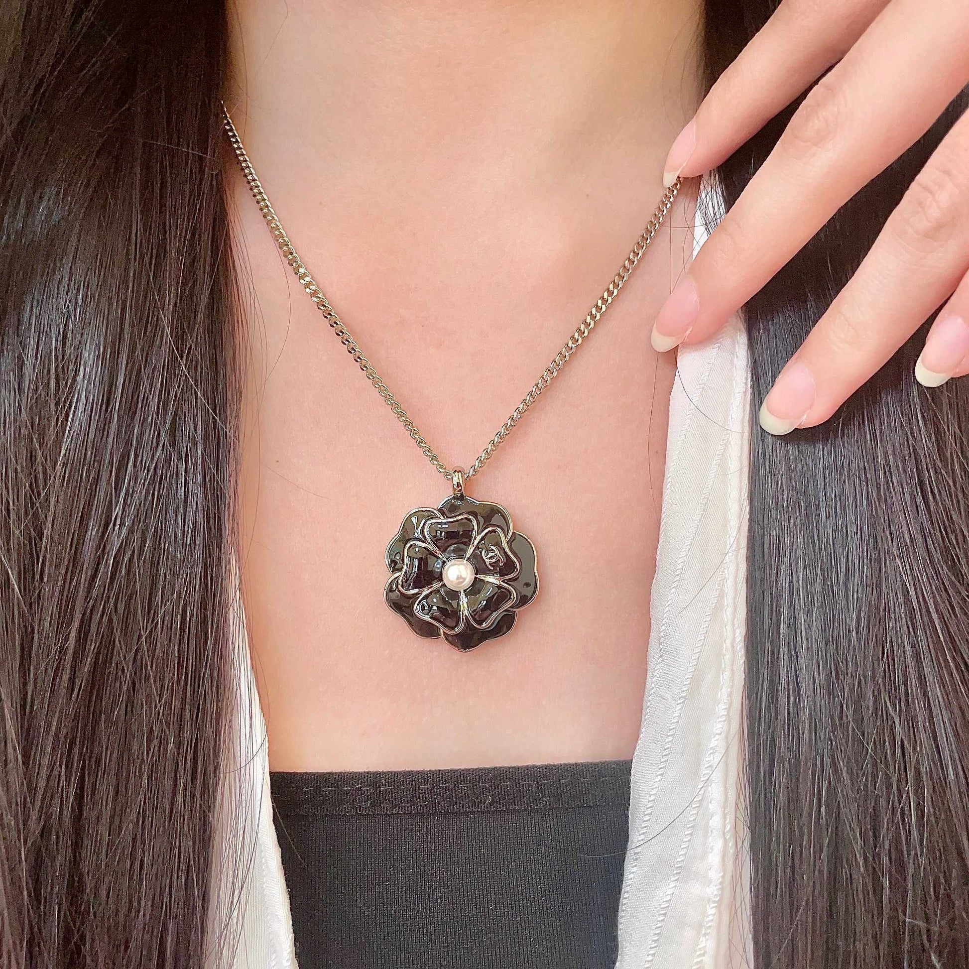 Camellia Pendant Necklace in Polished Metal-Tone – Camellia Detail – Design 004 main product view