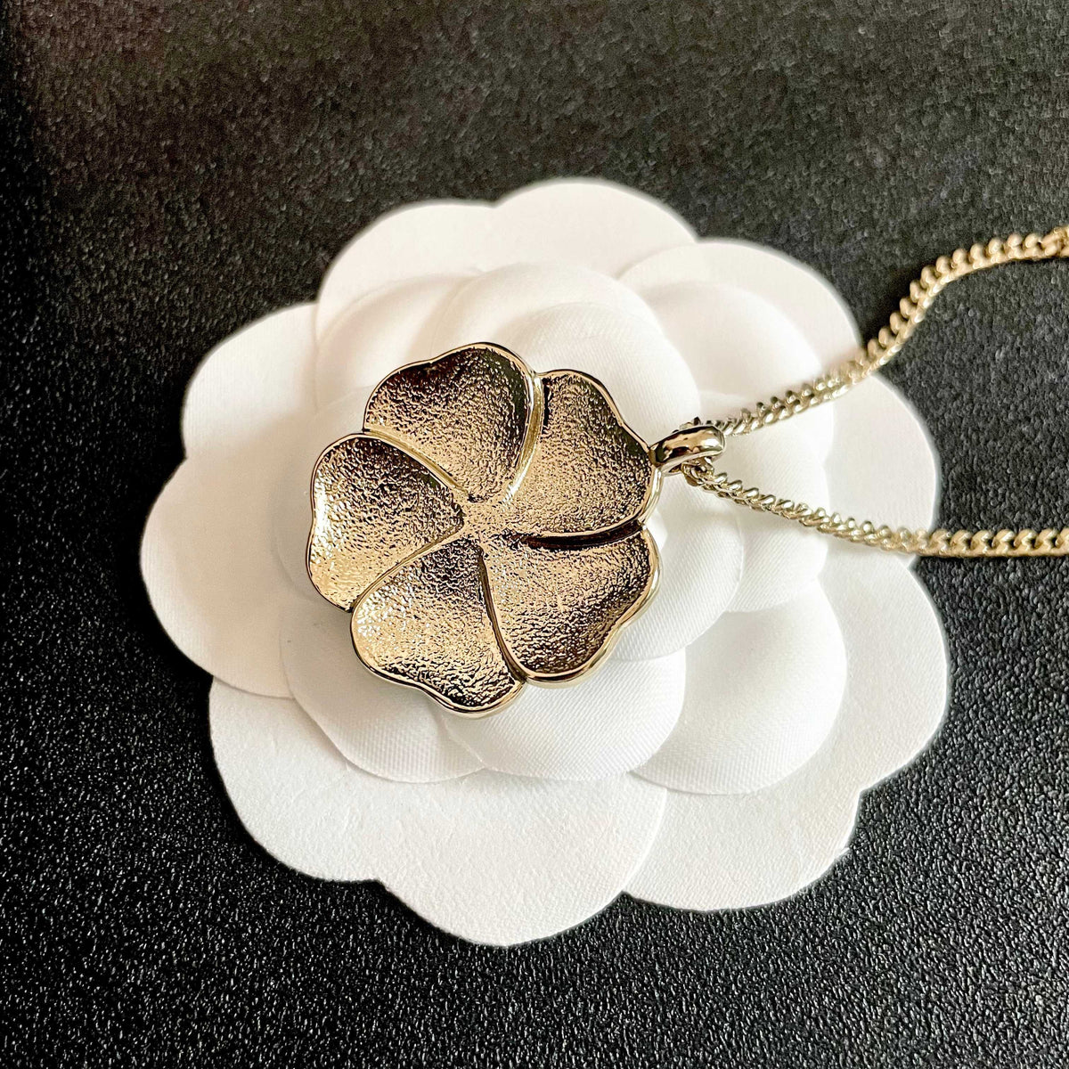 Camellia Pendant Necklace in Polished Metal-Tone – Camellia Detail – Design 004 front product view
