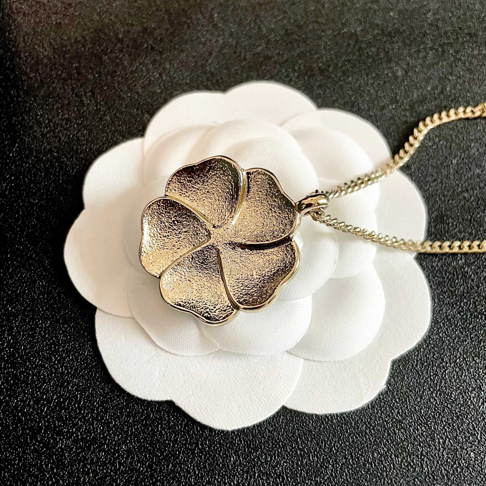 Camellia Pendant Necklace in Polished Metal-Tone – Camellia Detail – Design 006 front product view